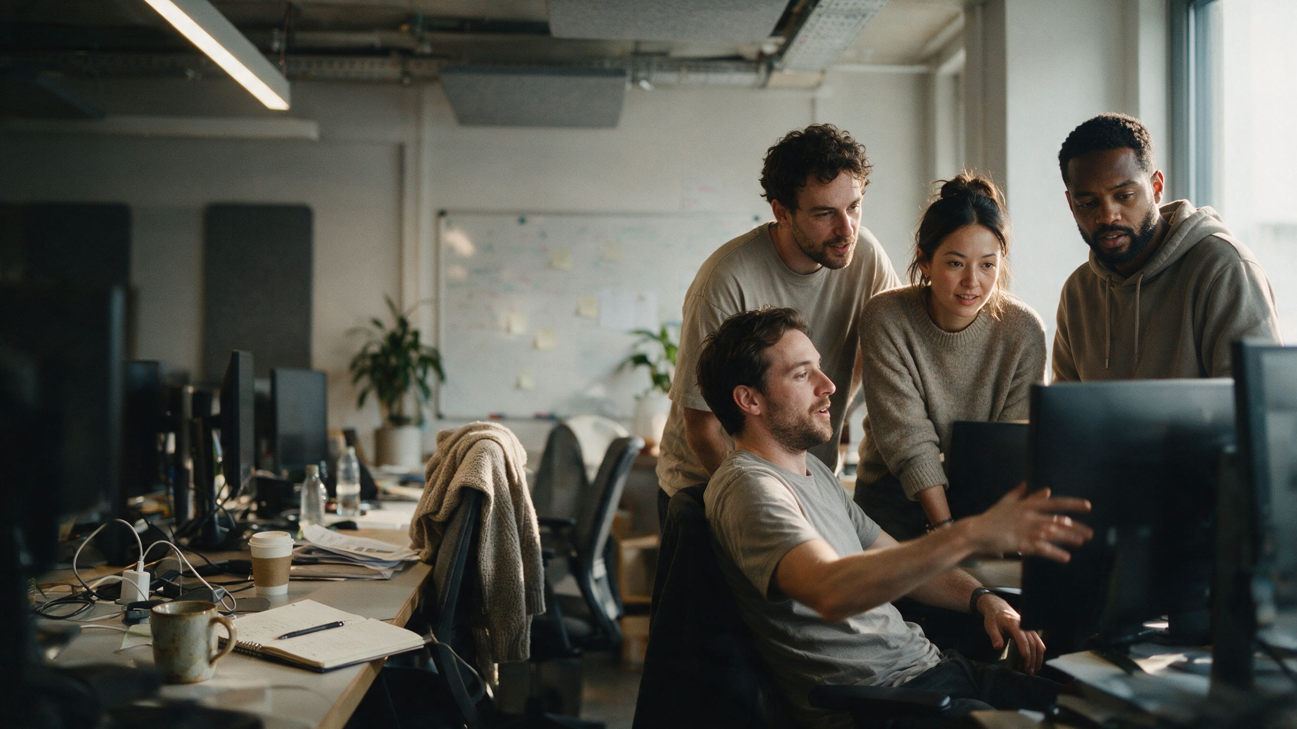 Four colleagues gathered around a desk of monitors in an open-plan office, talking about what is on the screens.